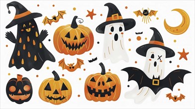 Halloween-themed illustrations with pumpkins, ghosts, bats, and witches' hats in orange and black,