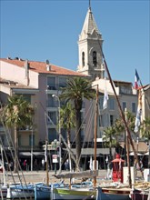 A lively harbour with sailing boats and a striking church tower, surrounded by palm trees under a