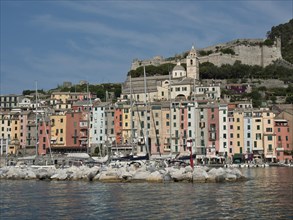 Colourful houses in front of historic buildings in a harbour by the sunny sea, with a rocky