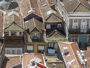 View of a cluster of red tiled roofs of the old town, conveying a bustling and authentic urban