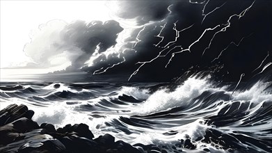 Illustration of a apocalyptic thunderstorm with end of the world scenario featuring lightning