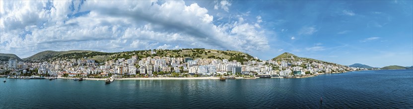 Panorama of Saranda from a drone, Albanian Riviera, Albania, Europe