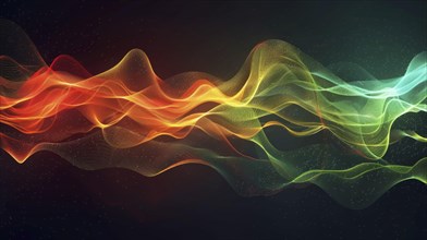 Dynamic abstract digital art with wavy patterns in red, orange, yellow, green, and blue on a black