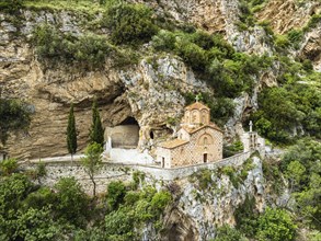 St . Michael's Church, Byzantine church in Berat from a drone, Osum River, Albania, Europe