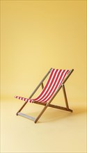 A red and white striped beach chair with wooden legs. The chair is empty and is sitting on a yellow
