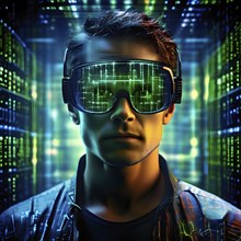 Portrait of a man with data goggles displaying intricate streams of digital information against
