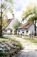 Watercolor depiction of a village in spring with blooming flower, AI generated