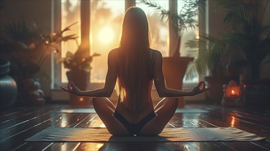 Eine Frau meditiert im Lotus-Sitz bei Sonnenuntergang in einem Zimmer mit grossen Fenstern und