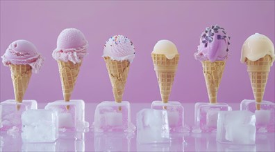 A row of ice cream cones with different flavors, AI generated