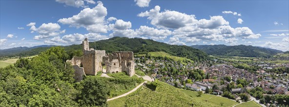 Aerial view, panorama of Staufen Castle, on a vineyard, Schlossberg, Staufen im Breisgau,