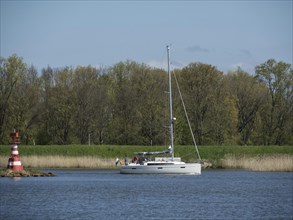 A sailing boat on the water, surrounded by trees and nature, under a blue sky, Enkhuizen,