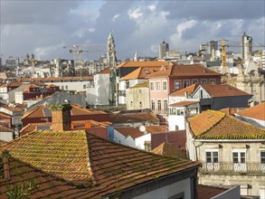 View of a city with red roofs, construction cranes and a church tower in the background under a