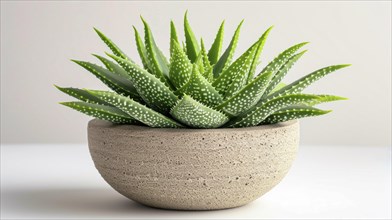 Aloe vera plant in a textured stone-like pot with a simple background, conveying simplicity and