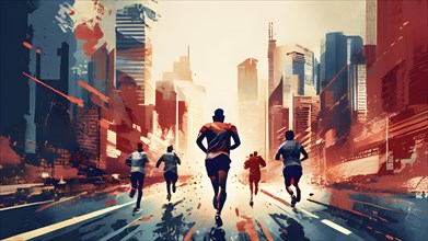 Vintage grungy poster of marathon runners with cityscape skyline background, AI generated