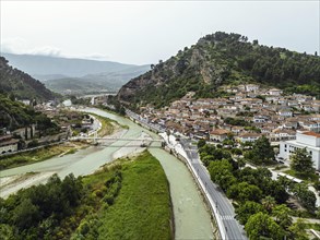 Berat from a drone, Osum River, Albania, Europe