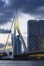 Nieuwe Maas with Erasmus Bridge and skyscrapers, Rotterdam, South Holland, Netherlands