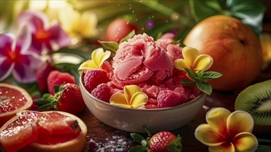 Bowl of pink ice cream surrounded by fruit and flowers, AI generated