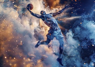 Basketball player jumping in the air with a basketball ready to slam dunk, AI generated