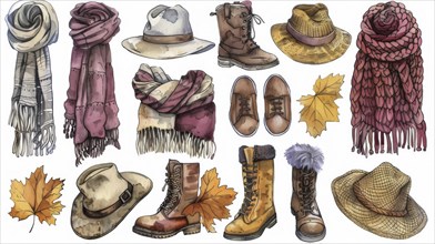 Cozy autumn-themed illustration of scarves, hats, boots, and autumn leaves in warm and earthy