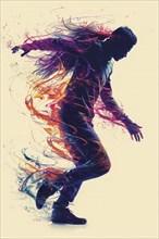 Hip hop dancer in motion with vibrant color splashes and streaks enhancing the dynamic and