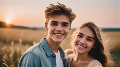 Two smiling teenagers, girl and boy with Caucasian look outside in summer, brother and sister,