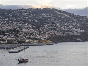 Coastal town at dusk, numerous houses stretch over the hill, a boat is visible in the water,