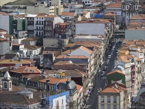 Aerial view of a town with tiled roofs and narrow streets between old buildings, old town with