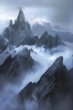Sharp mountain peaks jutting through dense mist under an overcast sky, evoking a dramatic and moody