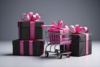 Black friday shopping cart brimming with black gift boxes tied with pink ribbons against a dark