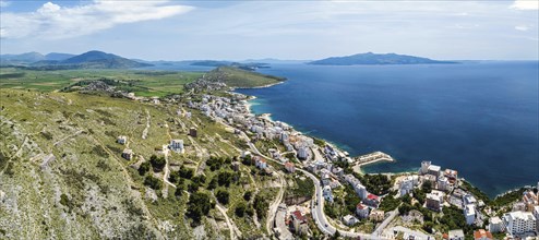 Panorama of Saranda from a drone, Albanian Riviera, Albania, Europe