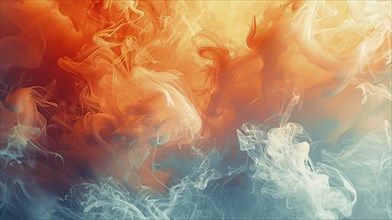 Dynamic abstract image with a blend of fiery orange and cool blue-white smoke, AI generated