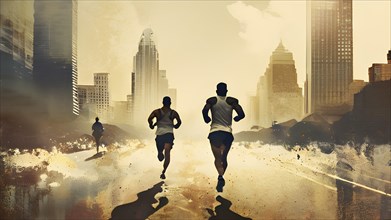 Vintage grungy poster of marathon runners with cityscape skyline background, AI generated