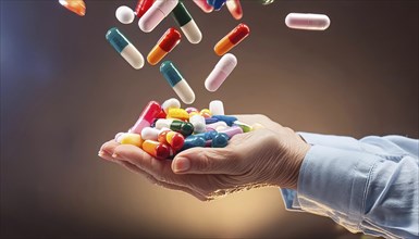 An open hand picking up various colourful capsules and tablets against a dark background, AI