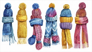 An array of colorful winter scarves and beanies with pom-poms, AI generated