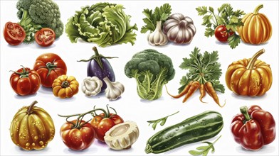 Realistic illustrations of various vegetables including pumpkins, tomatoes, cabbage, broccoli,