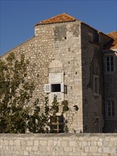 Old stone building with shutters, surrounded by a tree in the sunlight, the old town of Dubrovnik