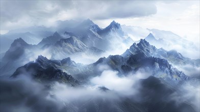 Misty mountain range with sharp peaks and clouds creating a dramatic and serene atmosphere, AI