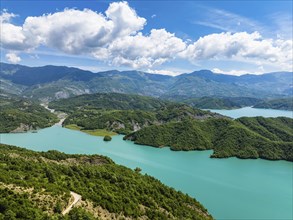 Bovilla Lake and Mountains from a drone, Bovilla Reservoir, Tirana, Albania, Europe