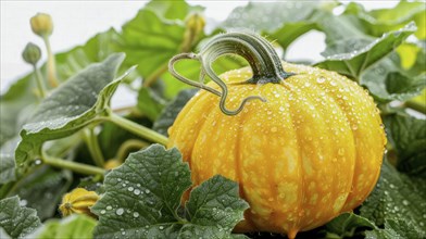 Close-up of an orange pumpkin with water droplets and green leaves, AI generated