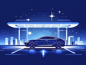 Minimalistic illustration of an electric car connected to a charging station, AI generated