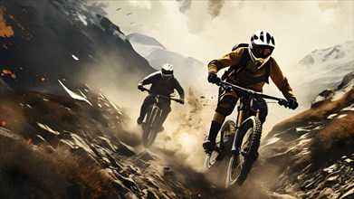 Vintage grungy poster of mountain bike cyclists with mountain background, AI generated