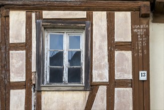 Windows in a very old half-timbered house, Gleiszellen, Southern Palatinate, Palatinate,