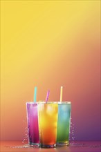 Three colorful fruit juices drinks with straws in them over a colorful background. Vertical shot,