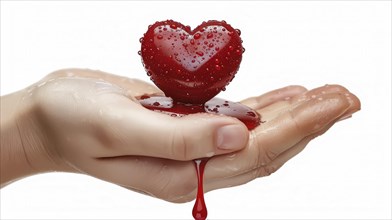 A realistic heart held in a hand, with water droplets and a background suggesting care and emotion
