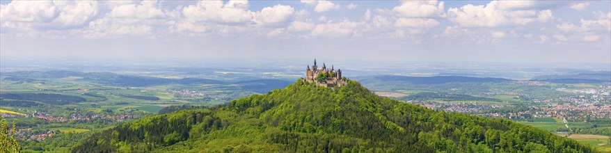 Hohenzollern Castle near Hechingen, cloudy sky, Zollernalbkreis, Swabian Alb, Baden-Wuerttemberg,