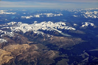Aerial view of the snow-covered Patagonian Andes with the heavily glaciated Sierra La Sangra