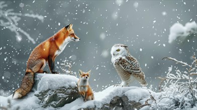 A red fox sits on a snowy rock gazing at a snowy owl, accompanied by a smaller fox in a tranquil