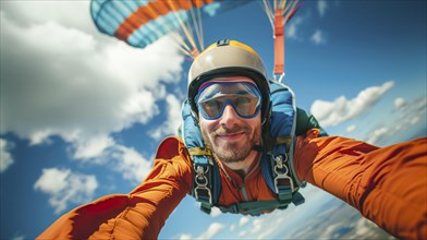 Close-up of a beautiful man in an orange jumpsuit skydiving through the air, AI generated