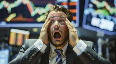 Concept of stock exchange trades during crisis and market crash. Stock trade broker panic, AI