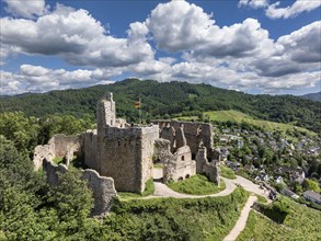 Aerial view of Staufen Castle, on a vineyard, Schlossberg, Staufen im Breisgau, Markgraeflerland,